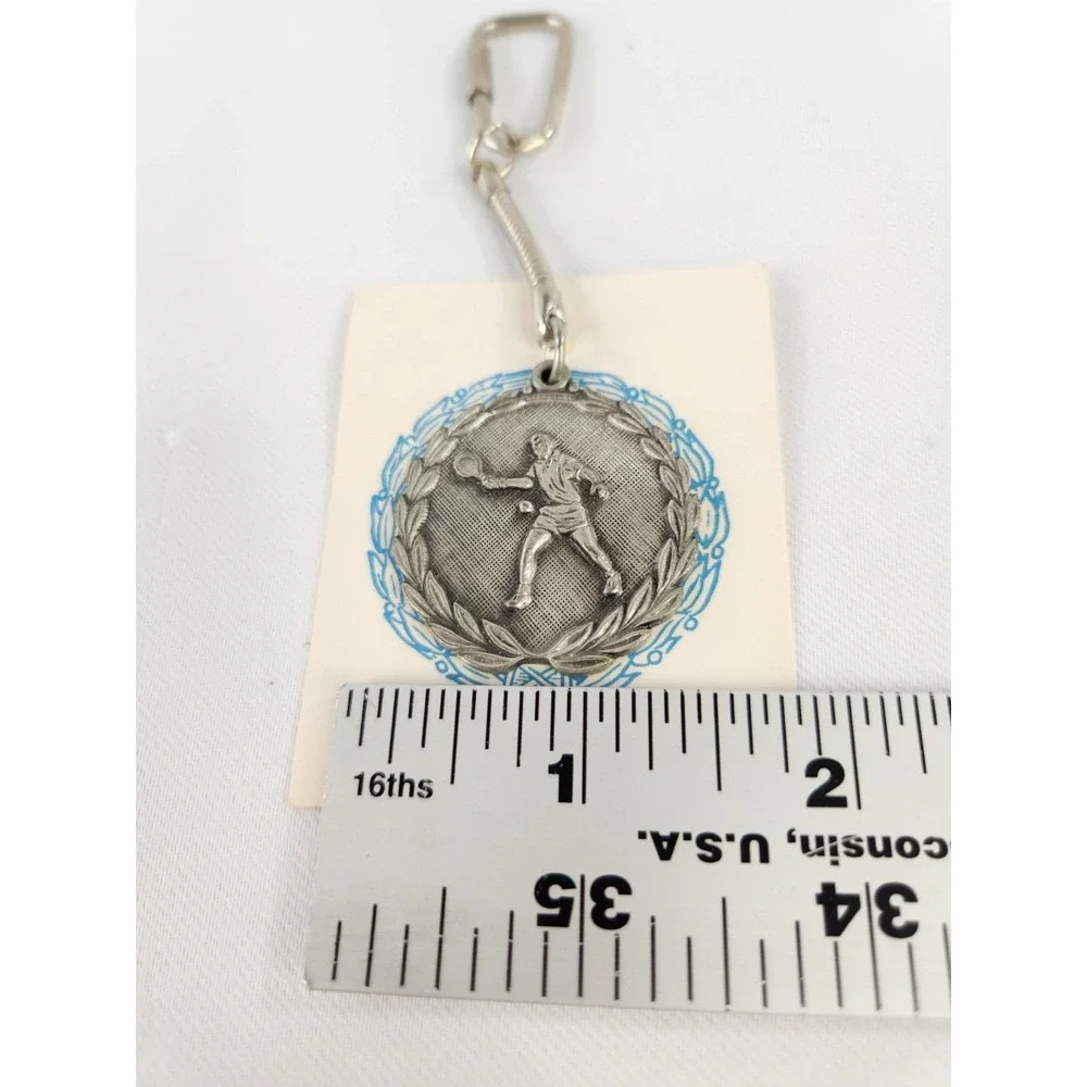Vintage 1970 City Champ Winner Pewter Tennis Player Racket Keychain Keyring Fob